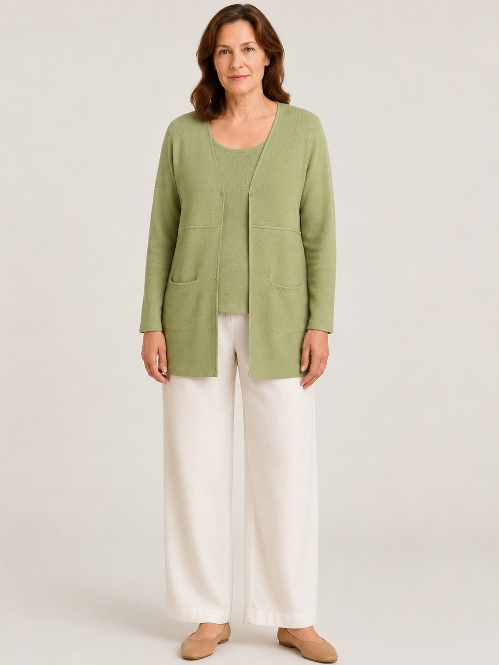 NWT EILEEN FISHER Silk Cotton 2-Piece Cardigan & Shell Set Green Large Petite